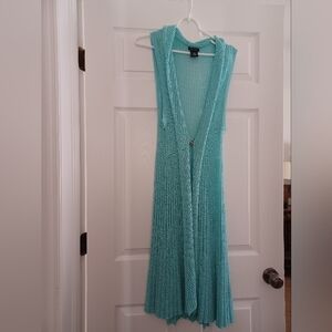 Katie Todd Womens Size L Turquoise Sleeveless Pleated Button Closure Duster